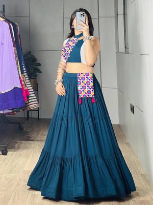 RAMA GREEN RAYON PARTY WEAR EMBRIDERY NAVRATRI LEHENGHA CHOLI FREE SIZE UP TO 42 3