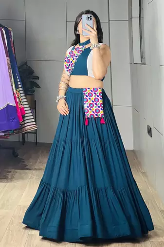 RAMA GREEN RAYON PARTY WEAR EMBRIDERY NAVRATRI LEHENGHA CHOLI FREE SIZE UP TO 42