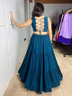 RAMA GREEN RAYON PARTY WEAR EMBRIDERY NAVRATRI LEHENGHA CHOLI FREE SIZE UP TO 42 4