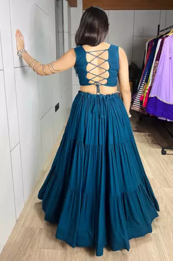 RAMA GREEN RAYON PARTY WEAR EMBRIDERY NAVRATRI LEHENGHA CHOLI FREE SIZE UP TO 42