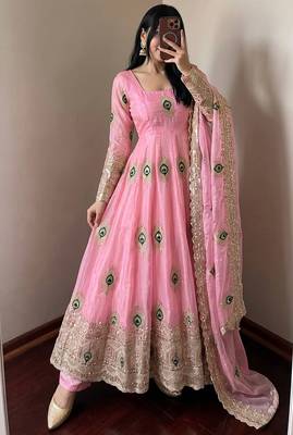 Pink fendy silk embroidery thread zari sequins work anarkali kurta set 1