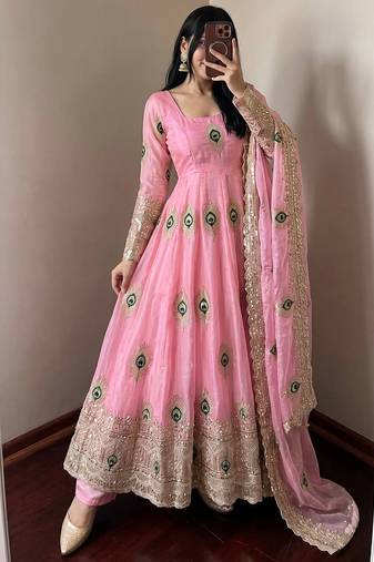 Pink fendy silk embroidery thread zari sequins work anarkali kurta set