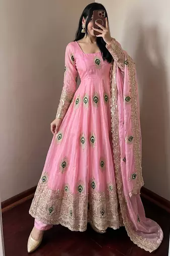 Pink fendy silk embroidery thread zari sequins work anarkali kurta set