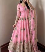 Pink fendy silk embroidery thread zari sequins work anarkali kurta set