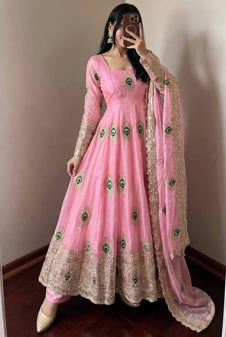 Pink fendy silk embroidery thread zari sequins work anarkali kurta set