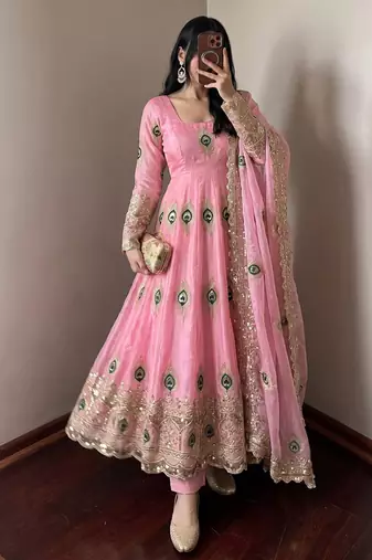 Pink fendy silk embroidery thread zari sequins work anarkali kurta set