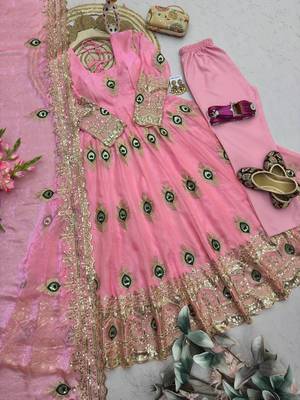 Pink fendy silk embroidery thread zari sequins work anarkali kurta set 3