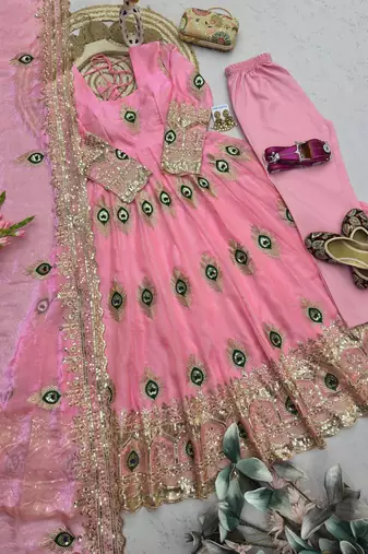 Pink fendy silk embroidery thread zari sequins work anarkali kurta set