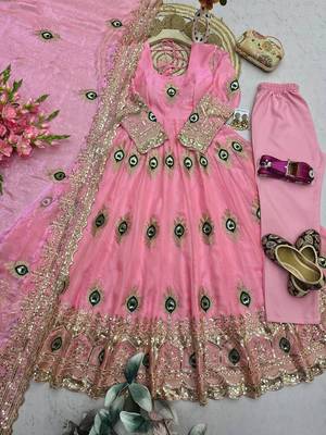 Pink fendy silk embroidery thread zari sequins work anarkali kurta set 4