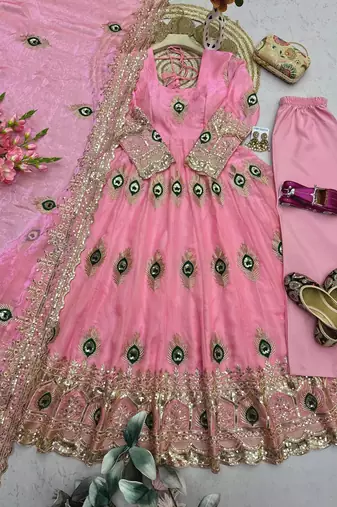 Pink fendy silk embroidery thread zari sequins work anarkali kurta set