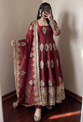 Maroon fendy silk embroidery thread zari sequins work anarkali kurta set 1