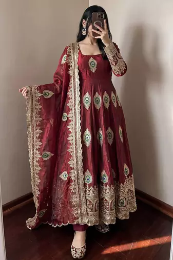 Maroon fendy silk embroidery thread zari sequins work anarkali kurta set