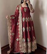 Maroon fendy silk embroidery thread zari sequins work anarkali kurta set