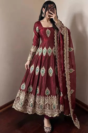Maroon fendy silk embroidery thread zari sequins work anarkali kurta set