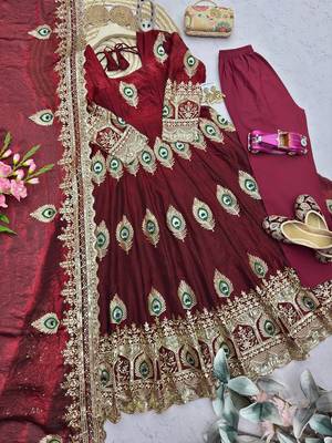 Maroon fendy silk embroidery thread zari sequins work anarkali kurta set 3