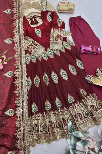 Maroon fendy silk embroidery thread zari sequins work anarkali kurta set