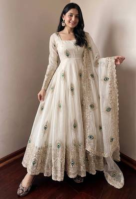 Offwhite fendy silk embroidery thread zari sequins work anarkali kurta set 1