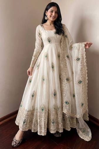 Offwhite fendy silk embroidery thread zari sequins work anarkali kurta set