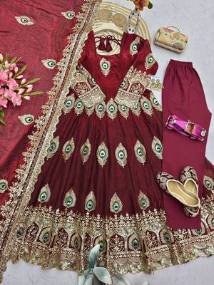 Maroon fendy silk embroidery thread zari sequins work anarkali kurta set 4