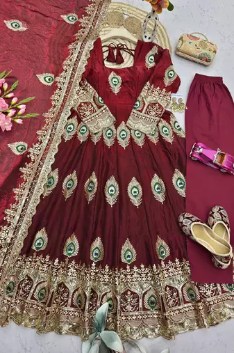 Maroon fendy silk embroidery thread zari sequins work anarkali kurta set