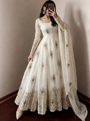 Offwhite fendy silk embroidery thread zari sequins work anarkali kurta set 2