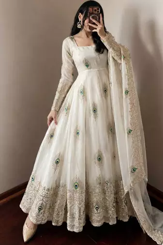 Offwhite fendy silk embroidery thread zari sequins work anarkali kurta set