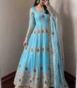 Skyblue fendy silk embroidery thread zari sequins work anarkali kurta set
