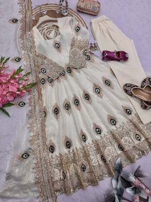 Offwhite fendy silk embroidery thread zari sequins work anarkali kurta set 3
