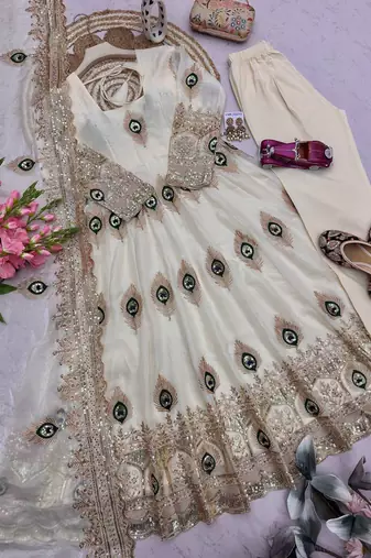 Offwhite fendy silk embroidery thread zari sequins work anarkali kurta set