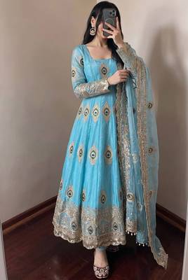Skyblue fendy silk embroidery thread zari sequins work anarkali kurta set 2