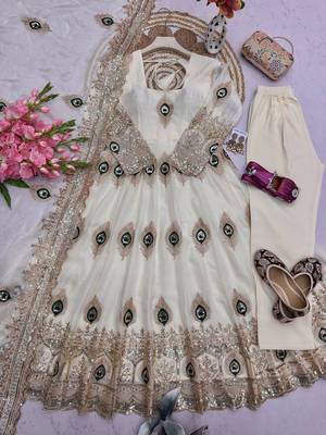 Offwhite fendy silk embroidery thread zari sequins work anarkali kurta set 4