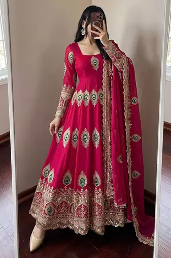 Ranipink fendy silk embroidery thread zari sequins work anarkali kurta set