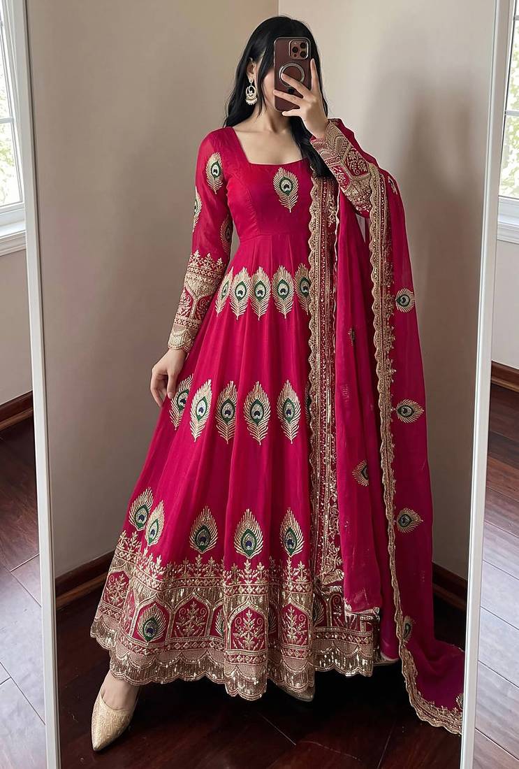 Ranipink fendy silk embroidery thread zari sequins work anarkali kurta set