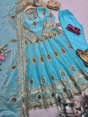Skyblue fendy silk embroidery thread zari sequins work anarkali kurta set 3