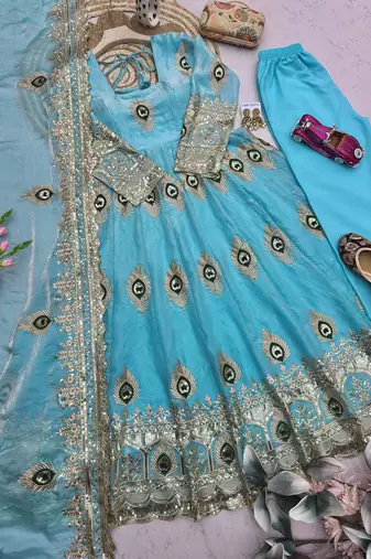 Skyblue fendy silk embroidery thread zari sequins work anarkali kurta set