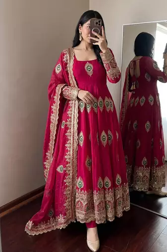 Ranipink fendy silk embroidery thread zari sequins work anarkali kurta set