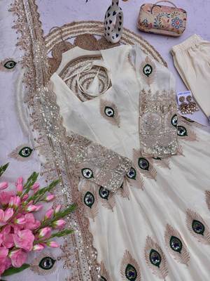 Offwhite fendy silk embroidery thread zari sequins work anarkali kurta set 5