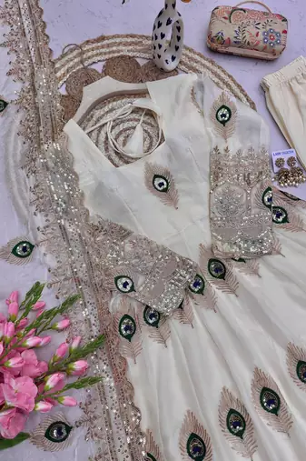 Offwhite fendy silk embroidery thread zari sequins work anarkali kurta set