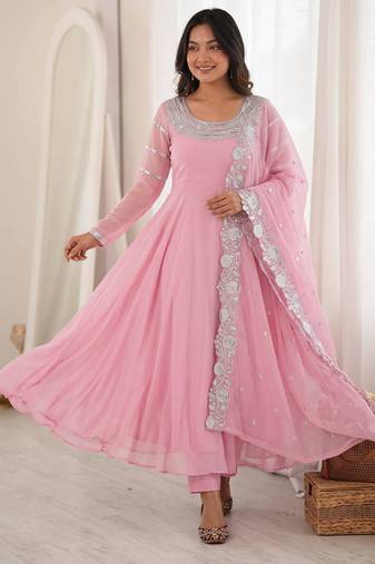 Pink faux georgette embroidered sequins work anarkali kurta set