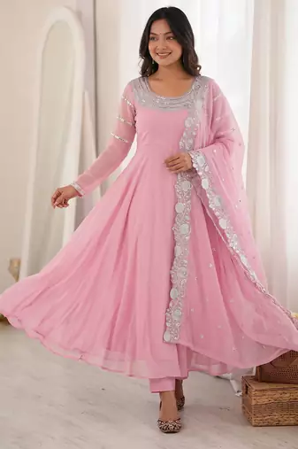 Pink faux georgette embroidered sequins work anarkali kurta set