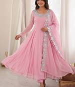 Pink faux georgette embroidered sequins work anarkali kurta set