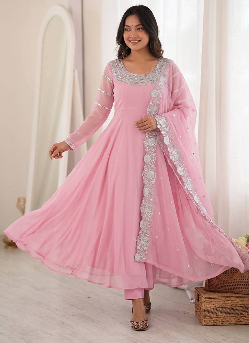 Pink faux georgette embroidered sequins work anarkali kurta set