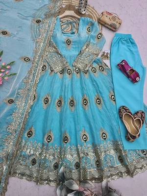 Skyblue fendy silk embroidery thread zari sequins work anarkali kurta set 4
