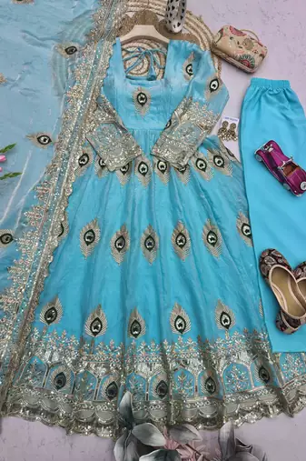 Skyblue fendy silk embroidery thread zari sequins work anarkali kurta set