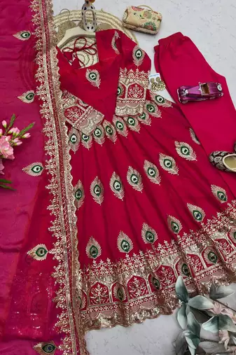 Ranipink fendy silk embroidery thread zari sequins work anarkali kurta set
