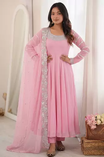 Pink faux georgette embroidered sequins work anarkali kurta set
