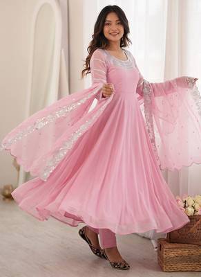 Pink faux georgette embroidered sequins work anarkali kurta set 3