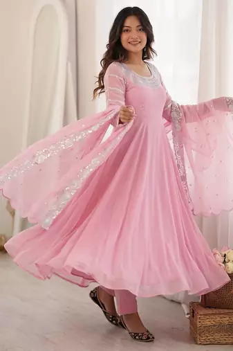 Pink faux georgette embroidered sequins work anarkali kurta set