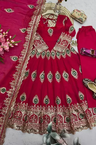 Ranipink fendy silk embroidery thread zari sequins work anarkali kurta set