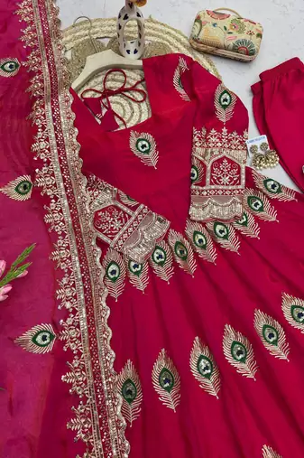 Ranipink fendy silk embroidery thread zari sequins work anarkali kurta set